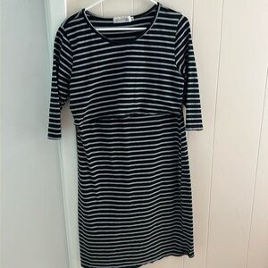 LATCHED MAMA NURSING MIDI DRESS BLACK AND GRAY STRIPES 3/4 SLEEVE XL